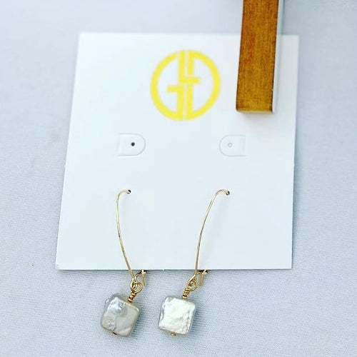 Square Coin Freshwater Pearl Long Drop Earrings (Drop)